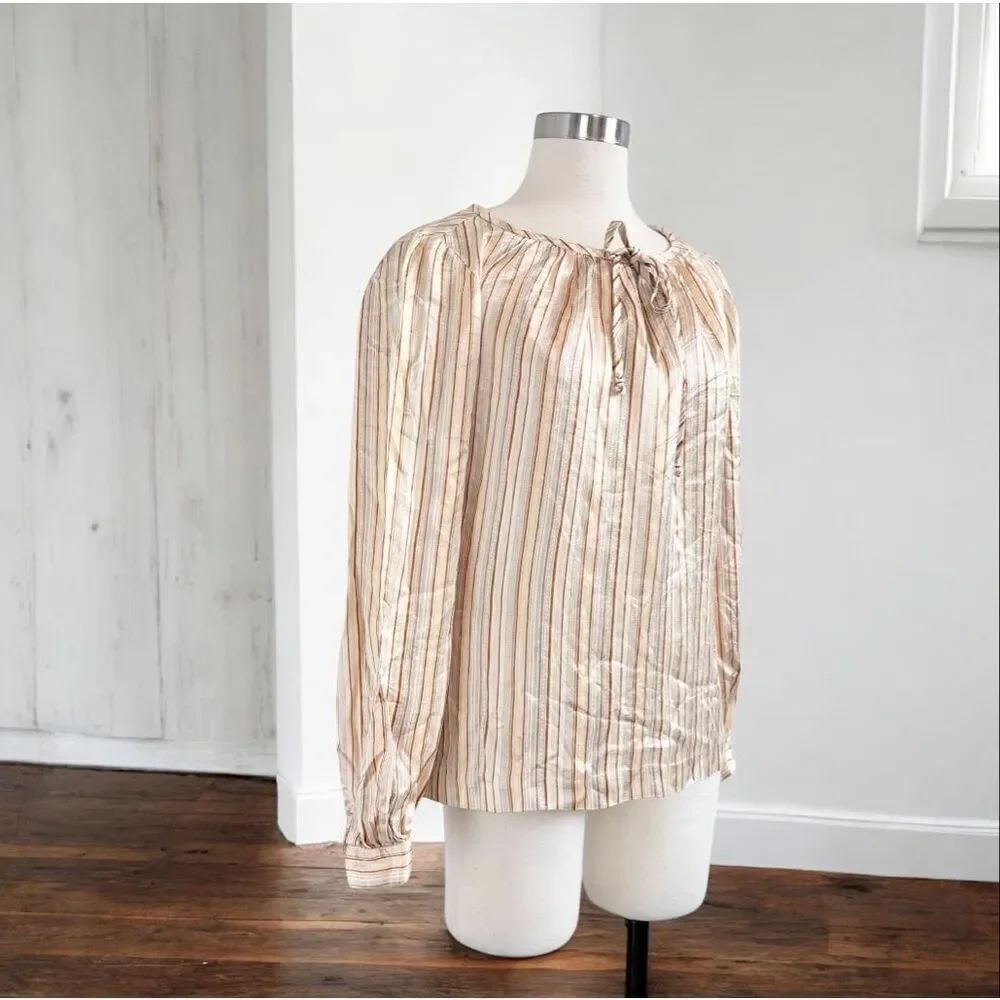 Vintage Koret 1970s Peasant Blouse Top Shirt Satin Stripe Tie Medium
